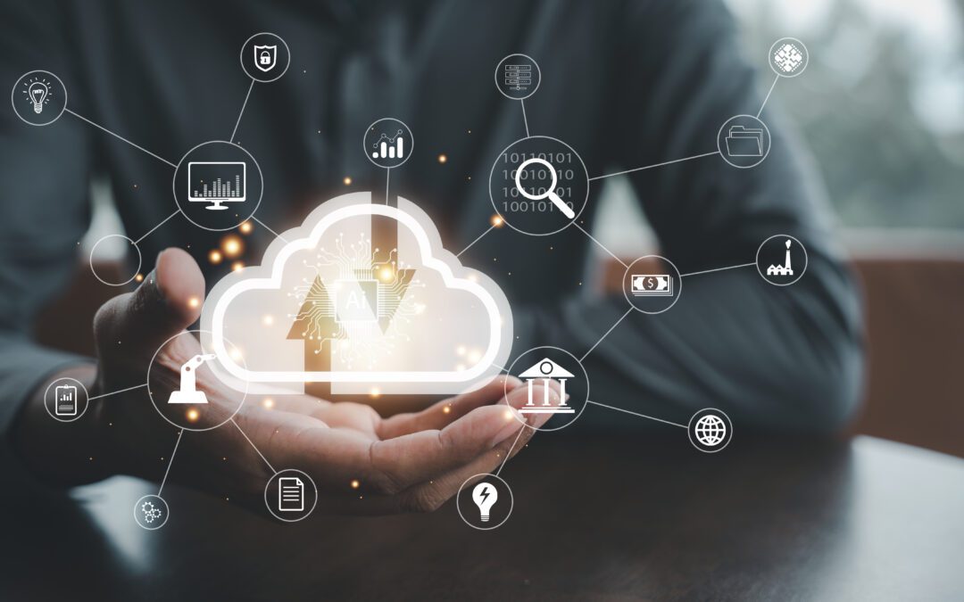 A person holds a cloud computing icon surrounded by hybrid cloud security and data network symbols.